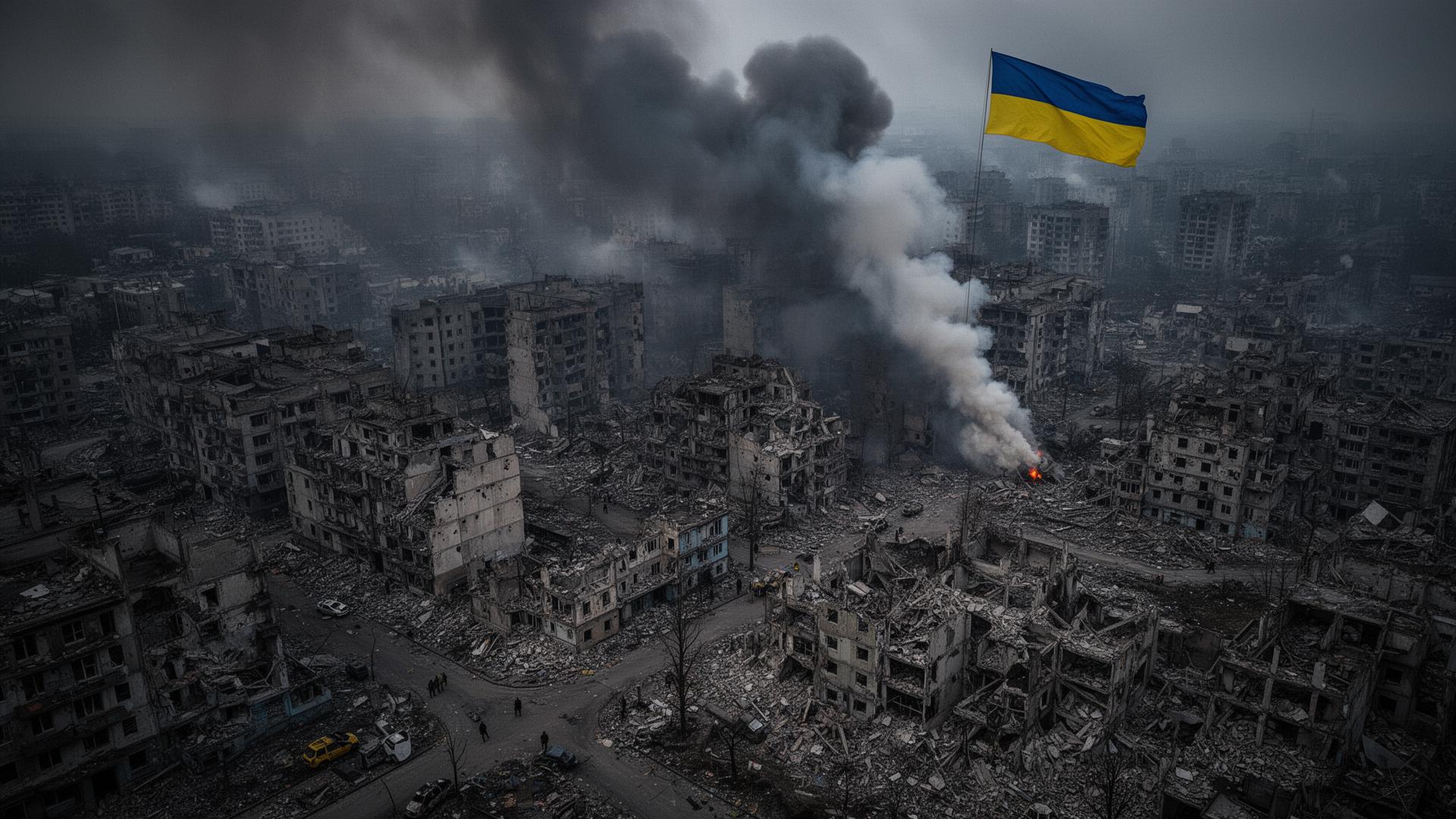 Cidade ucraniana destruída pela guerra com bandeira ucraniana
